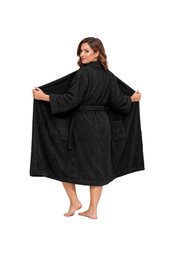 Bathrobe for Men and Women One Size Lightweight Cotton Terry Cloth Robe - Black