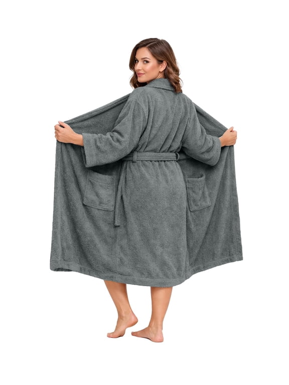 Bathrobe for Men and Women One Size Lightweight Cotton Terry Cloth Robe - Gray