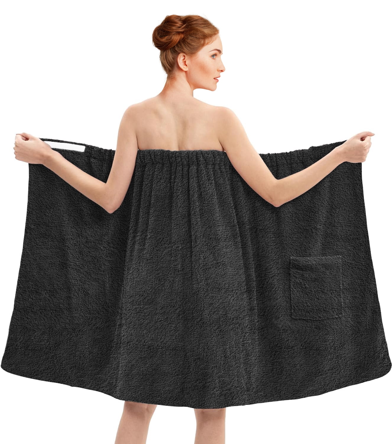 Dan River Shower Wrap With Pocket Pack of 1 Lightweight Terry Cotton Bath Towel Wrap - Black, 32X60in