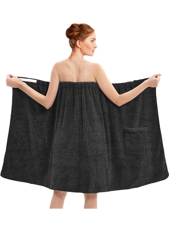 Shower Wrap With Pocket Pack of 1 Lightweight Terry Cotton Bath Towel Wrap - Black, 32X60in
