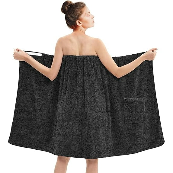 Dan River Shower Wrap With Pocket Pack Of 1 Lightweight Terry Cotton Bath Towel Wrap - Black, 32X60in
