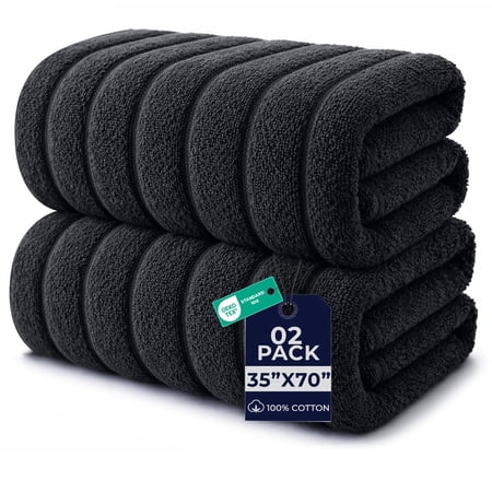 Dan River Bath Sheet Towels Performance Texture 2 pack 35x70 in XX-Large Ribbed Stripe Cotton Towel for Bath - Charcoal