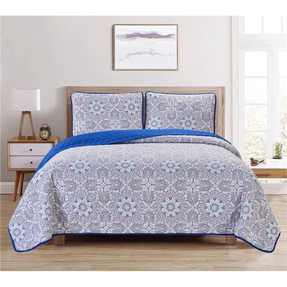 Dan River Reversible Printed Quilt Set (3 Piece) - Navy Damask - King