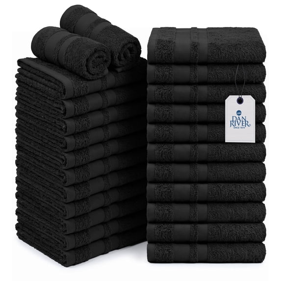 Dan River Salon Towel Pack of 24 Soft Quick Dry Absorbent Cotton Spa Hand Towel - Black, 16 x 26 Inches