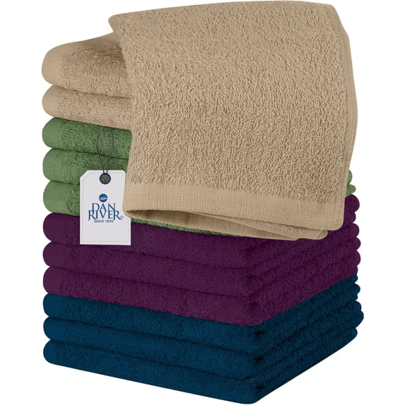 Dan River Washcloths pack of 12 Soft Absorbent Cotton and Multipurpose Wash Clothes for Face & Body with Assorted Colors - 12x12in