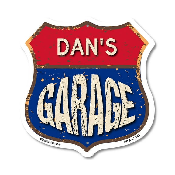 Dan's Garage 12 inch X 12 inch Shield-Shaped Rust-Free Aluminum Metal Sign Weather Resistant, UV Protected To last, Gift for Dads and Uncles Classic Americana Crafted in the USA