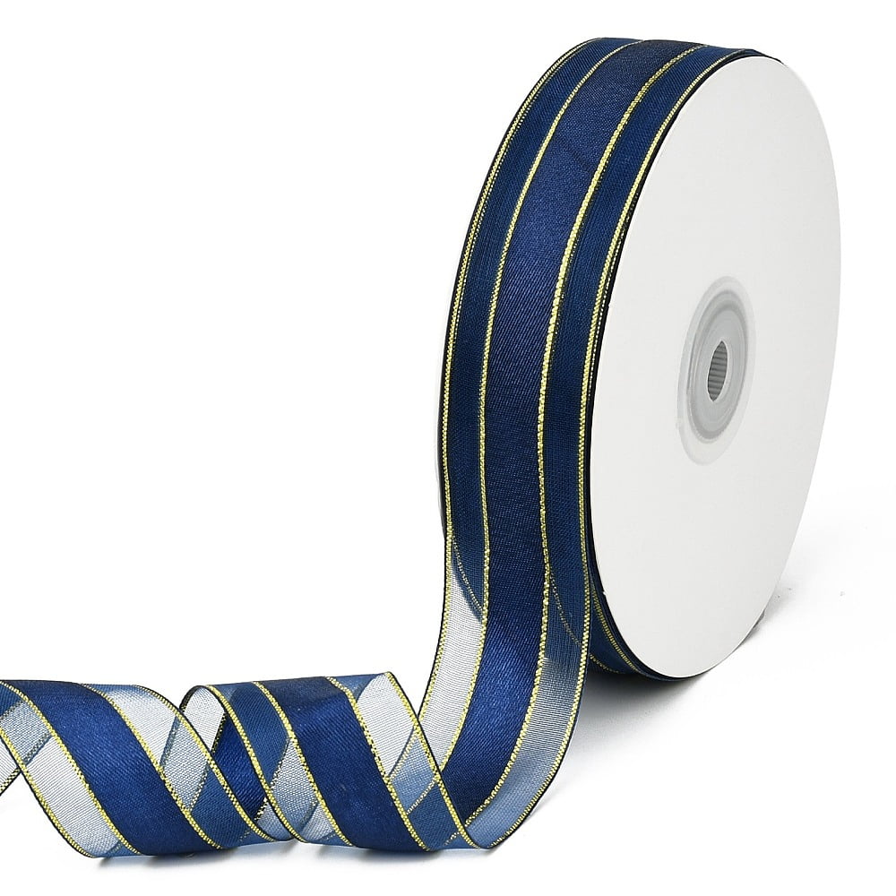 DanLingJewelry 1 Roll 50 Yards Dark Blue Organza Ribbon 25mm Golden ...