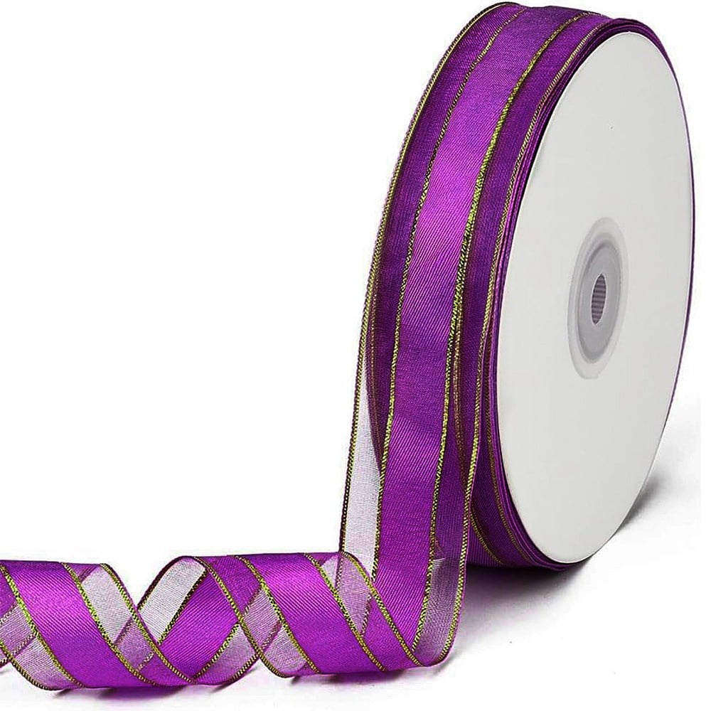DanLingJewelry 1 Roll 50 Yards Purple Color Organza Ribbon 25mm Golden ...