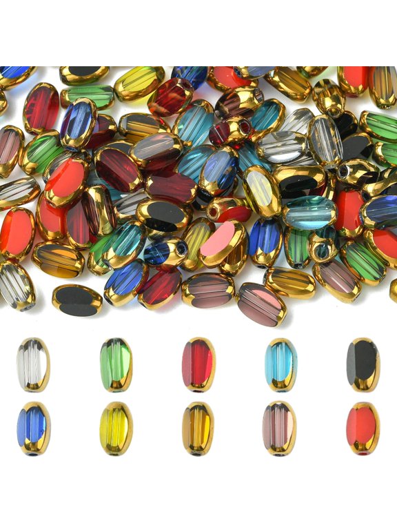100Pcs 10 Colors Faceted Glass Bead Rice Shaped Beads Bulk 4x7mm Mini Colorful Golden Electroplate Crystal Oval Barrel Loose Spacer Bead for Jewelry Making Necklace Bracelet DIY Crafts