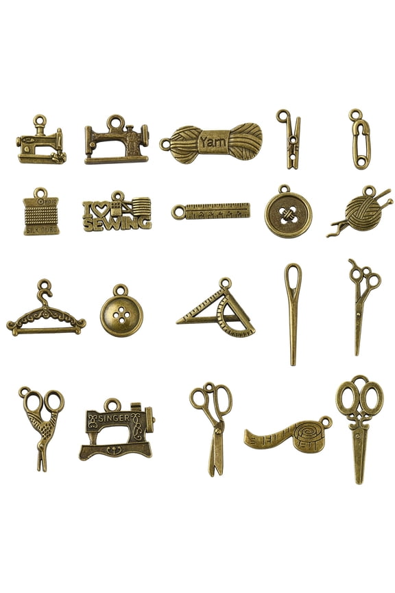 100Pcs 20 Styles Tibetan Sewing Charms Antique Bronze Sewing Machine Scissors Yarn Charms for DIY Necklace Jewelry Making Bracelet Bulk