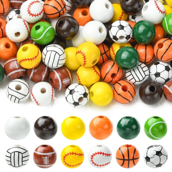 DanLingJewelry 100Pcs Mixed Styles Sports Theme Round Beads Baseball Basketball Football Wood Beads for Jewelry Making Crafts