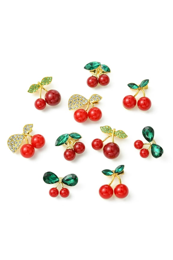 10Pcs 5 Styles Red Cherry Fruits Rhinestone Brooch Pins Badges for Clothing Backpacks Hat Bag Dress Accessories Jewelry Gifts