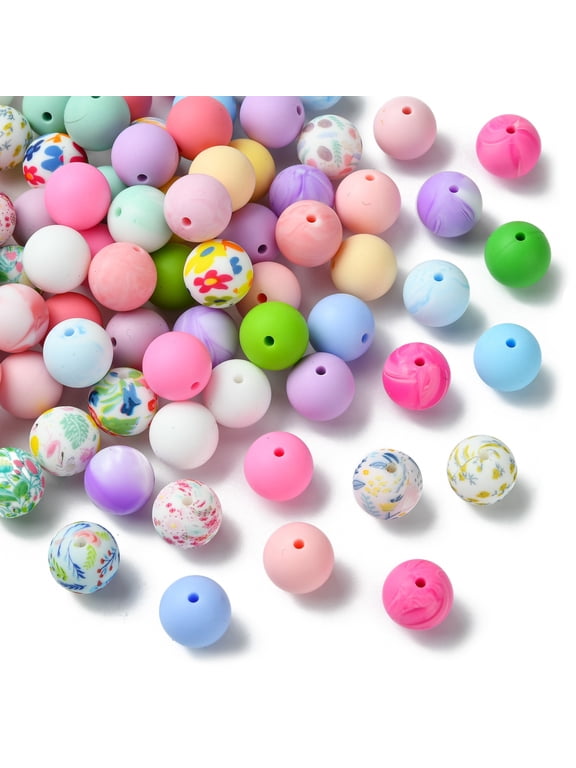 120Pcs Spring Theme Silicone Beads 15mm Round Floral Print Silicone Beads Loose Rubber Beads for Keychain Pens Jewelry Making