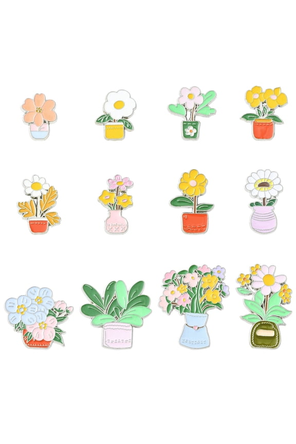 12Pcs Mixed Styles Enamel Flower Brooches Floral Potted Plant Badge Lapel Pins for DIY Backpack Clothes Hat Decoration