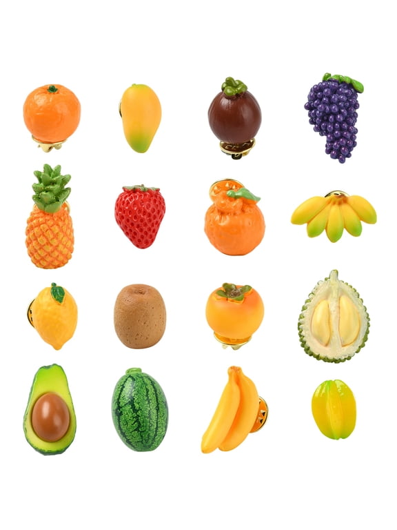 16Pcs Mixed Styles Resin Fruit Lapel Pins Set Mini Realistic Food Brooches Strawberry Lemon Banana Pin Badges for Clothing Bags Backpacks Jackets Hat DIY