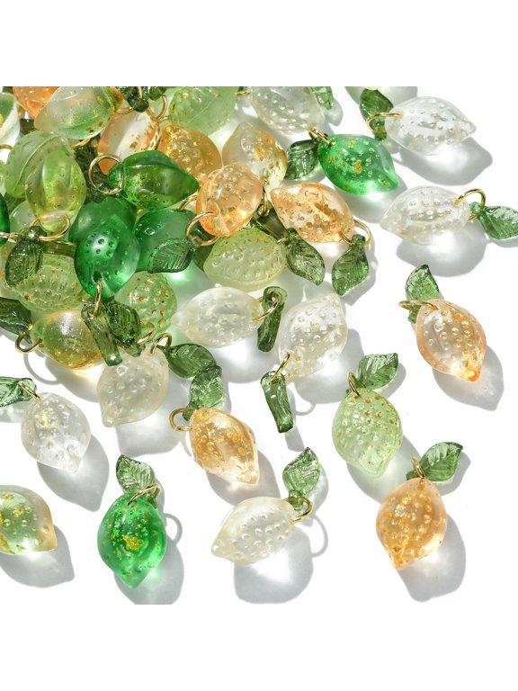 50 Pcs 5 Styles Handmade Lampwork Glass Lemon Charms Crystal Fruit with Leaf Charms Colorful Food Mini Dangle Charms for DIY Jewelry Making
