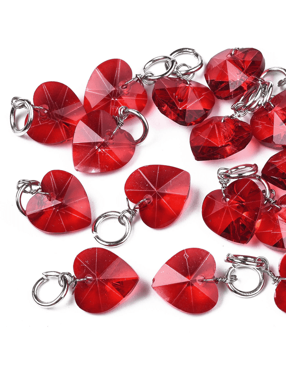 50Pcs Heart Charms Red Faceted Glass Heart Pendants Love Hearts Crystal Dangle Charms for Mother's Day Wedding Necklace Bracelet Making