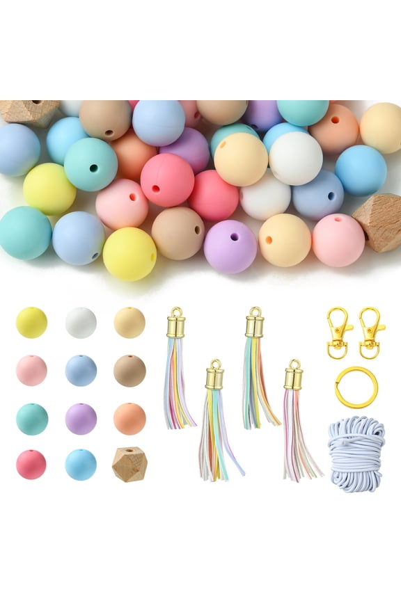 54Pcs Mixed Silicone Wood Beads Kit 15mm Focal Beads with Tassel Clasps for Jewelry Making Keychain Crafts