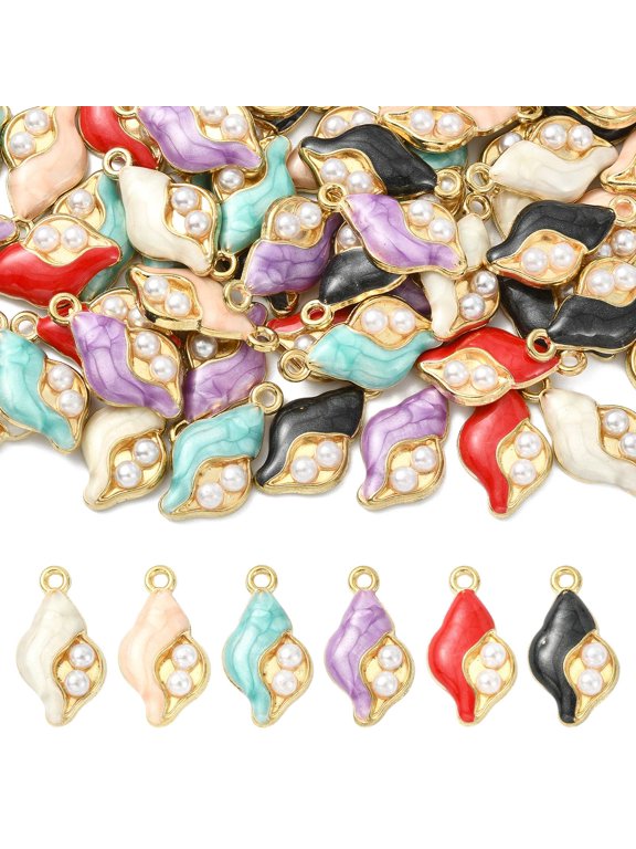 60Pcs 6 Colors Conch Shape Enamel Charms with ABS Plastic Imitation Pearl, Ocean Sea Creature Theme, for Bracelets, Necklaces, Earrings, DIY Craft Supplies