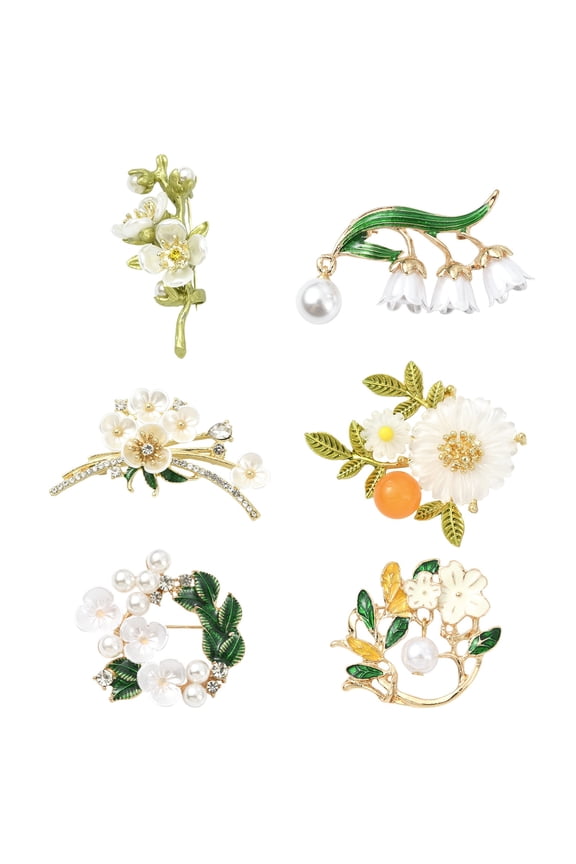 6Pcs Elegant White Flower Theme Brooch Mixed Style Floral Resin Lapel Pins for Jewelry Gifts Backpack Cloth Decor