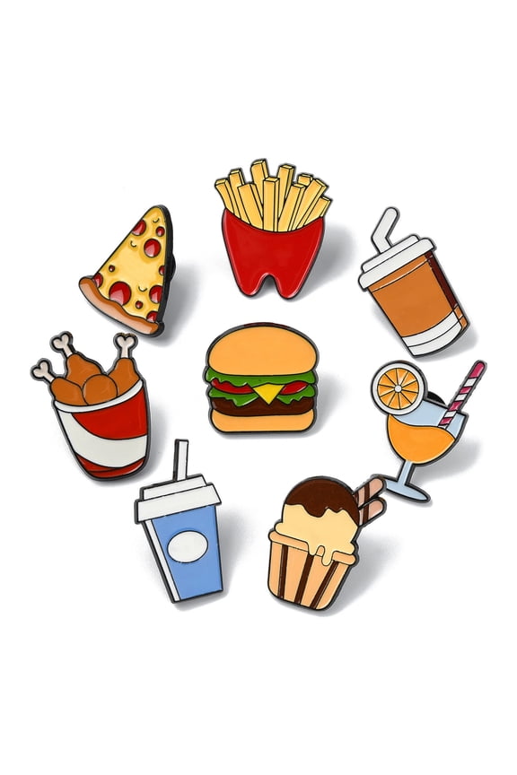8Pcs Bright Enamel Pizza French Fries Drink Pins Mixed Styles Food Theme Brooch Pins for Backpacks Bags Hats Clothing Decor