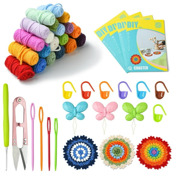 DanLingJewelry Boho Style Handmade DIY Yarn Woven Cup Mat Coaster Knitting Kits with Step-by-Step Tutorials Flower Cup Mat Crochet Kitting DIY Gift for Crochet Lovers