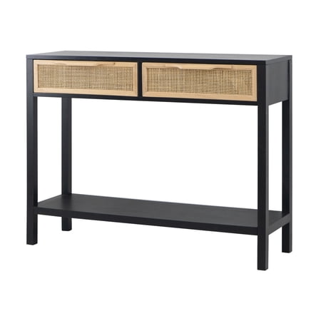 Dana 39 Inch Sofa Console Table, 2 Rattan Drawers, Black Finish, Brown- Saltoro Sherpi