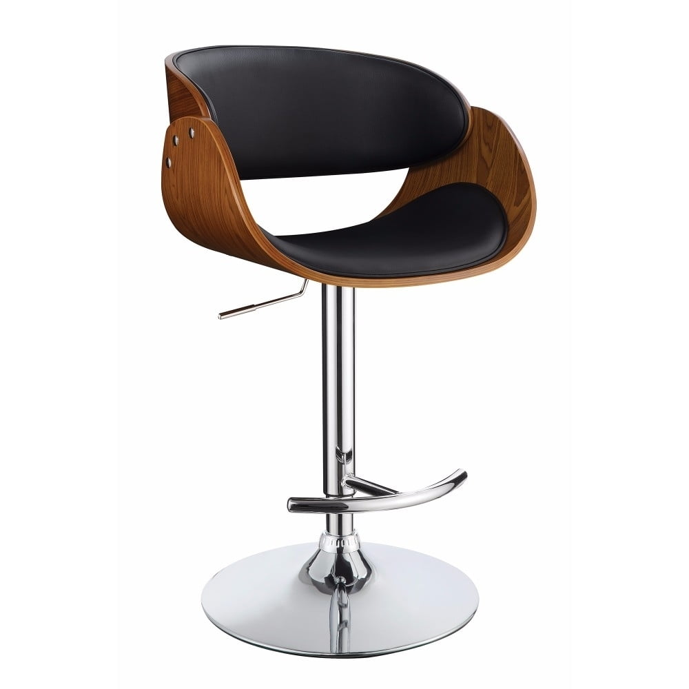Black Adjustable Swivel Bar Stool with Walnut Wood and Chrome Base