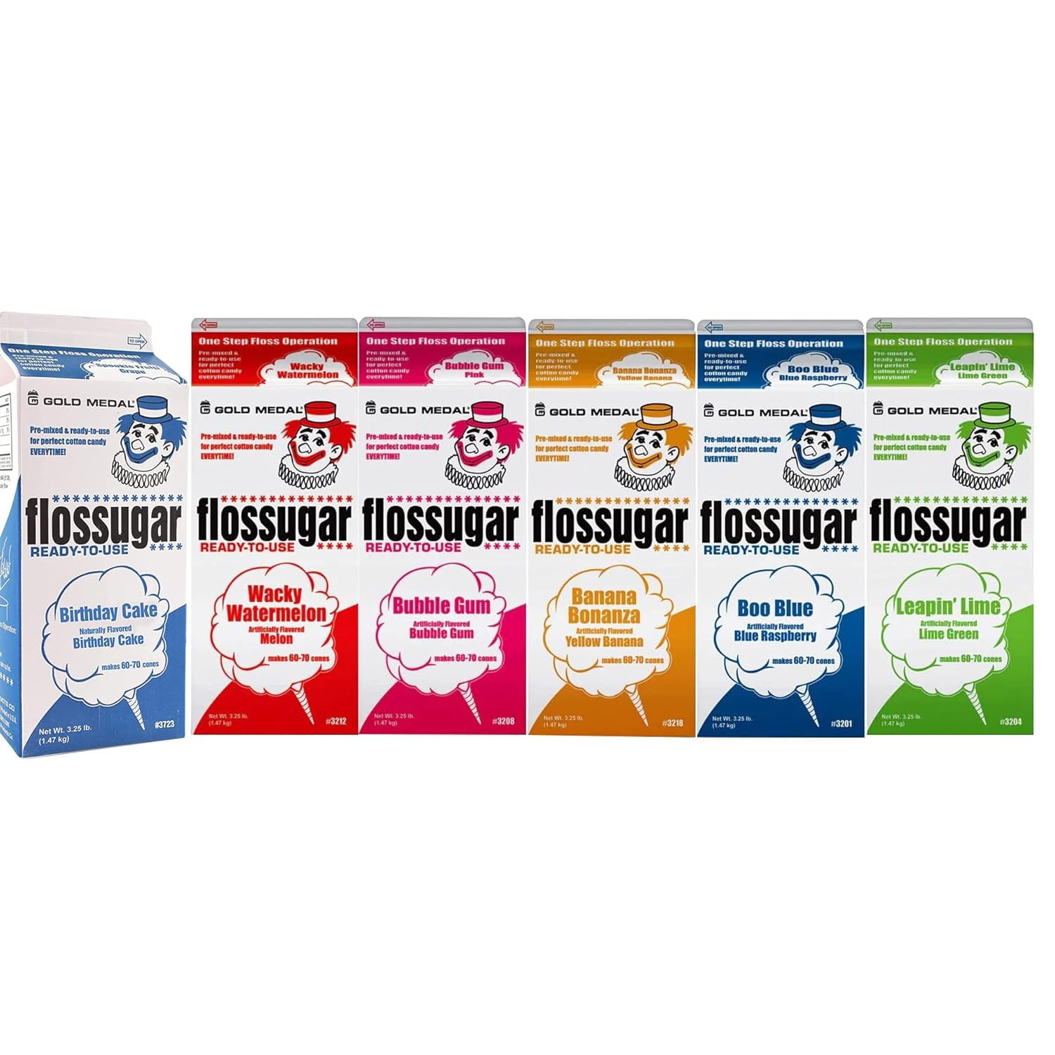 Dana Market - (Pack of 6) Cotton Candy Flossugar Mix Flavors - 6 Different Flavors: Wacky Watermelon, Birthday Cake, Bubble Gum, Banana, Boo Blue and Lime Green
