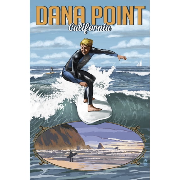Dana Point, California, Day Surfer with Inset (24x36 Giclee Gallery Art Print, Vivid Textured Wall Decor)