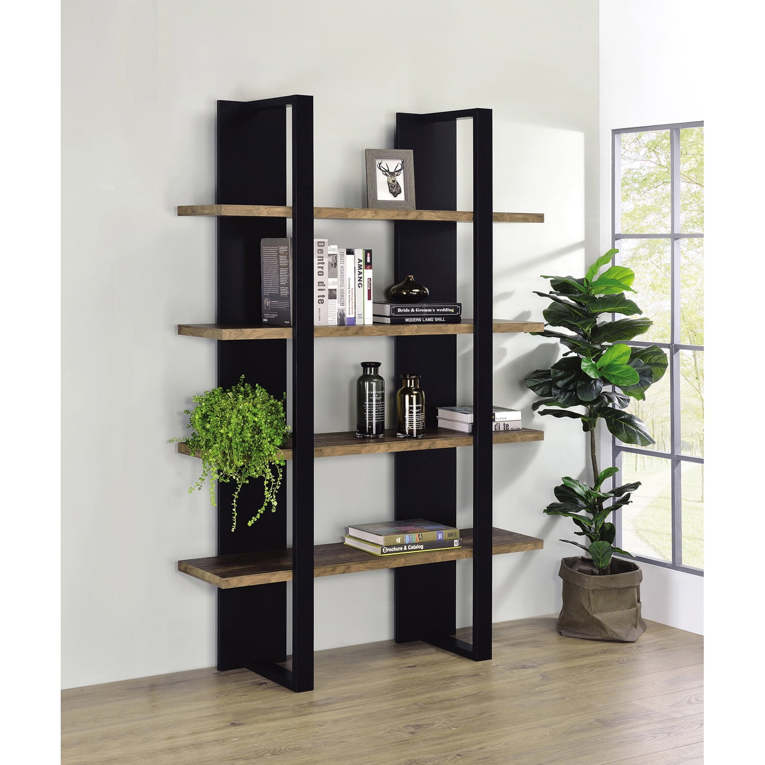 Black and Aged Walnut Contemporary 4-Shelf Bookcase