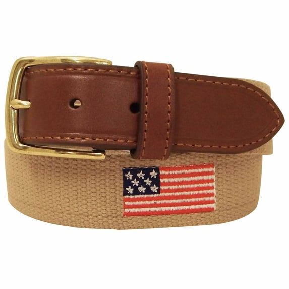 Danbury Mens Khaki Woven American Flag Canvas and Leather Belt (Khaki, 36)