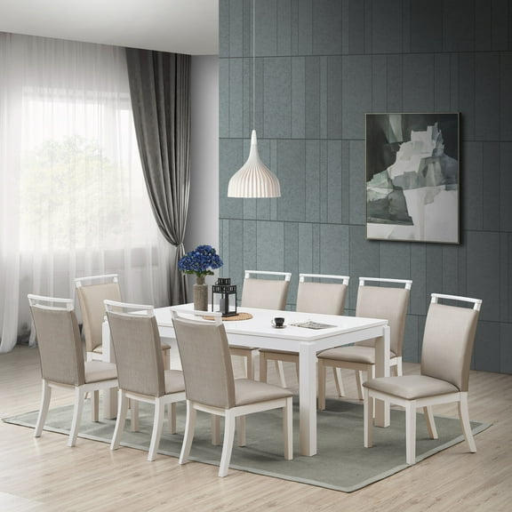 Danby 9 Piece Dining Set, Gray Fabric & White Wood (Table & 8 Chairs)