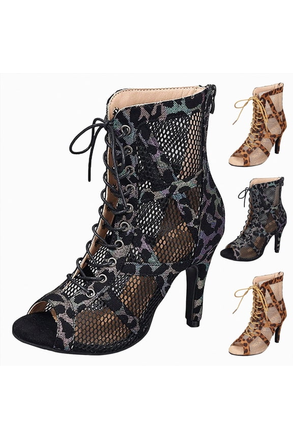 Dance Ankle Boots for Womens Latin Mesh Hollow out Ballroom Lace up Dance Heels Breathable Sexy Peep Toe Party Shoes Brown Size 9.5