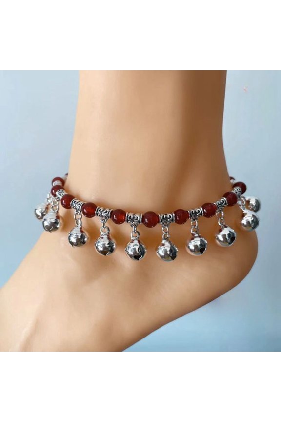 Dance Anklet Silver Tone Bell Red Bead Red Rope Woven Adjustable 20cm Traditional Foot Jewelry Performance Accessory