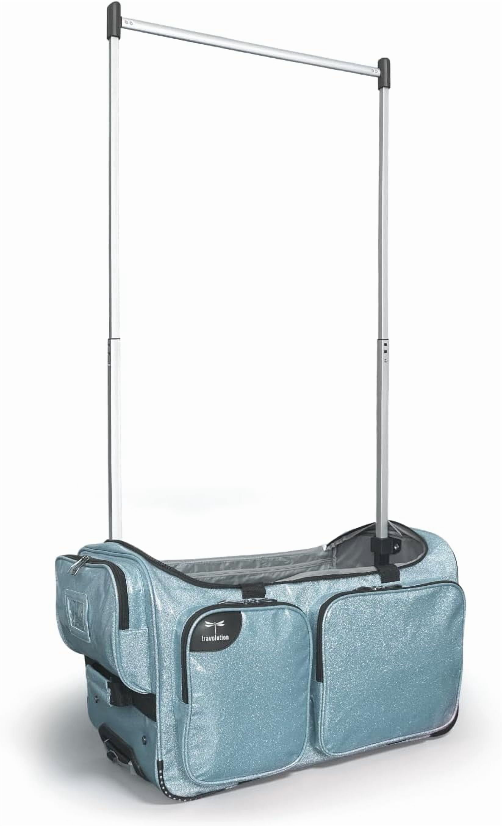 Dance Bag with Garment Rack, 23 Inch Rolling Duffel With Wheels, Ideal for Competitions & Travel, Easy-assembly Lightweight Aluminum Clothes Rack (Glitter Blue)