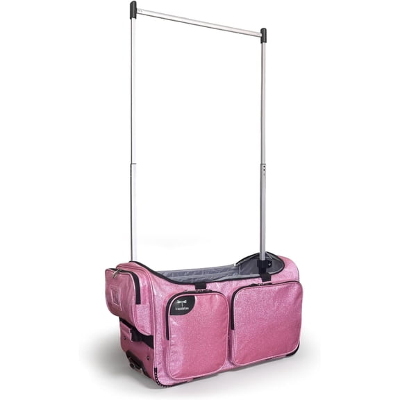 Dance Bag with Garment Rack, 23 Inch Rolling Duffel With Wheels, Ideal for Competitions & Travel, Easy-assembly Lightweight Aluminum Clothes Rack (Glitter Pink)