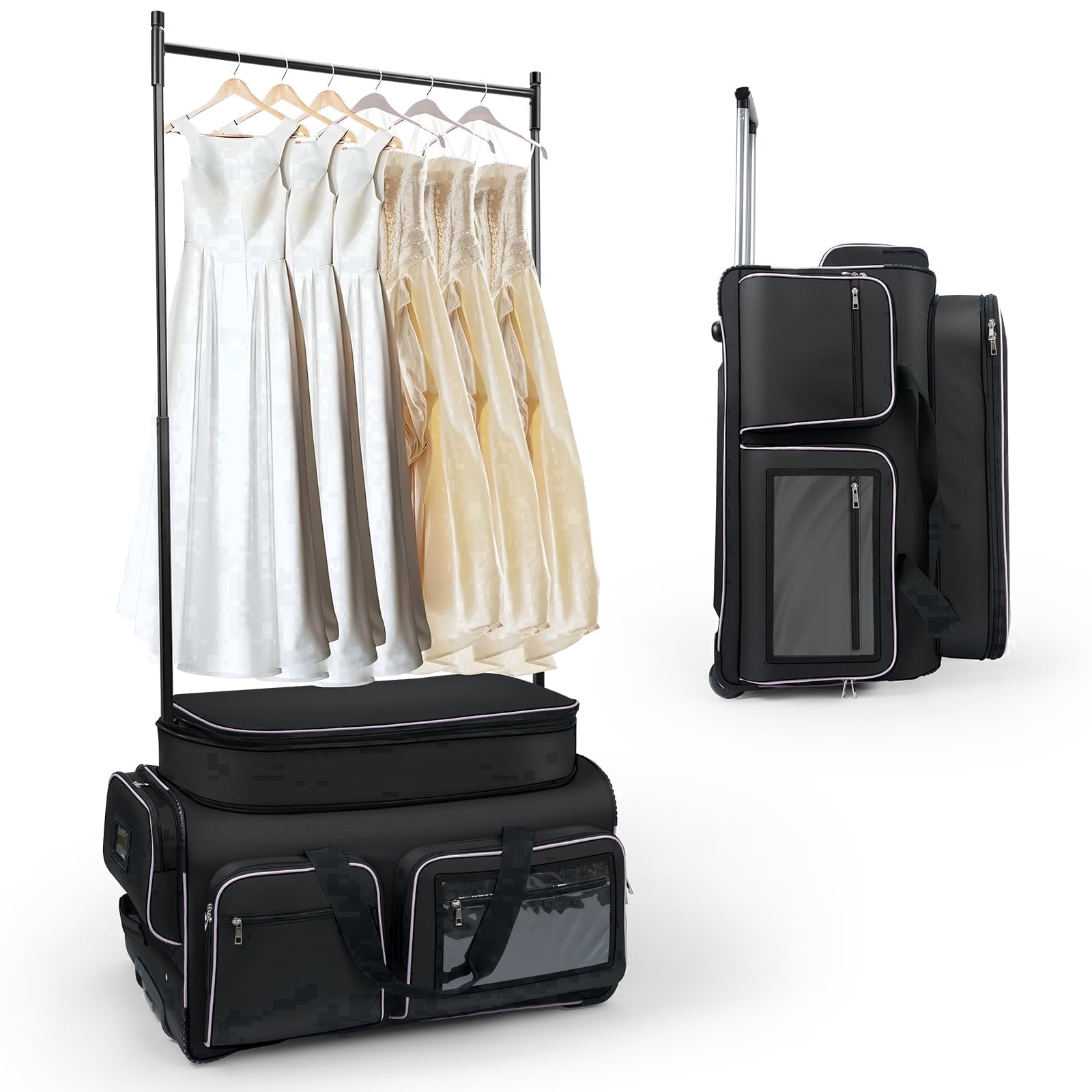 Dance Bag with Garment Rack, 28" Dance Costumes Rolling Garment Bags For Travel, Garment Duffle Bag For Dance Competition Travel Bag with Garment Rack (Black with Light Purple Trim)