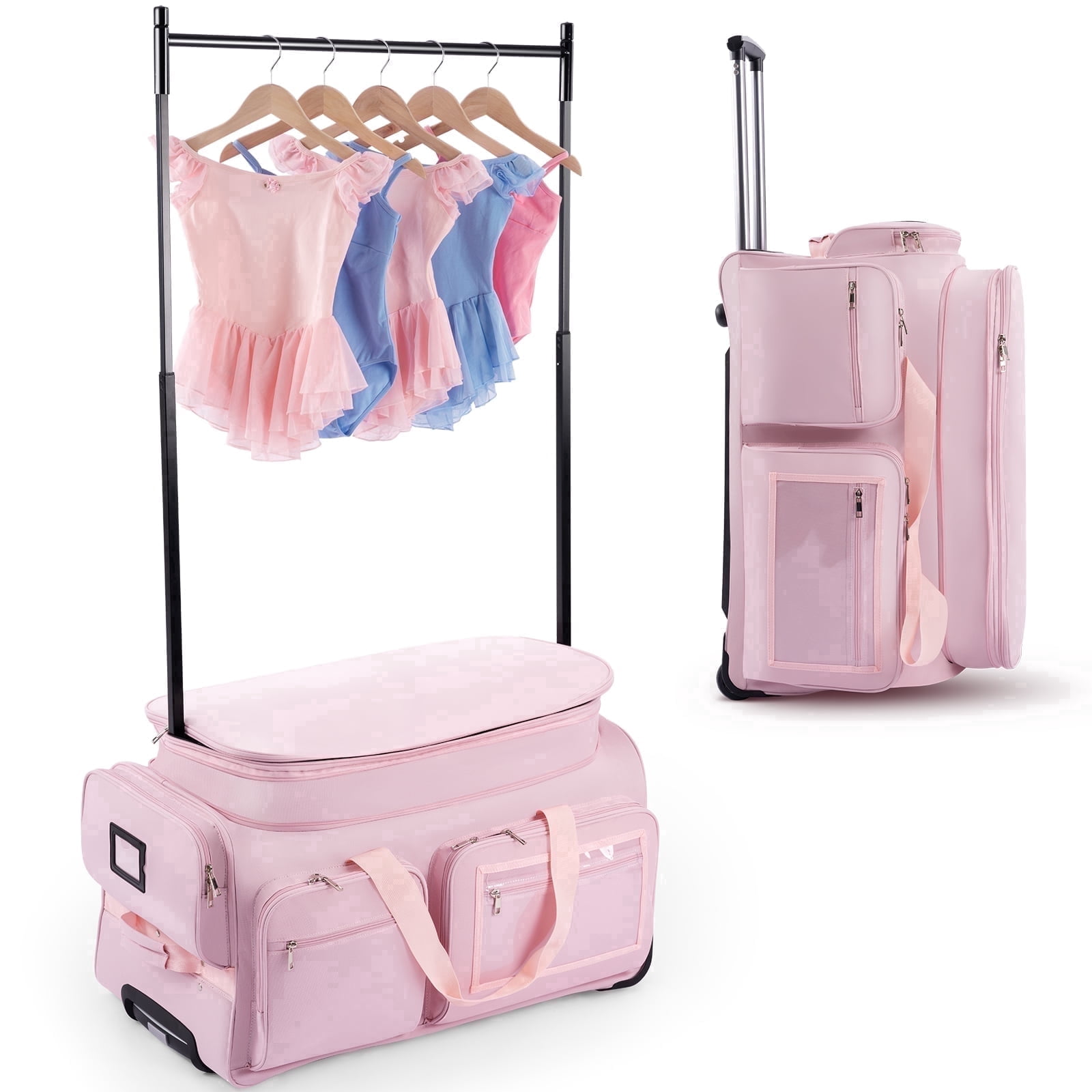 Dance Bag with Garment Rack,28" Pink Clothes Rolling Duffel Dance Bag with Rack Dance Costumes Garment Bags For Travel, Garment Duffle Bag For Dance Competition Travel Bag with Garment Rack