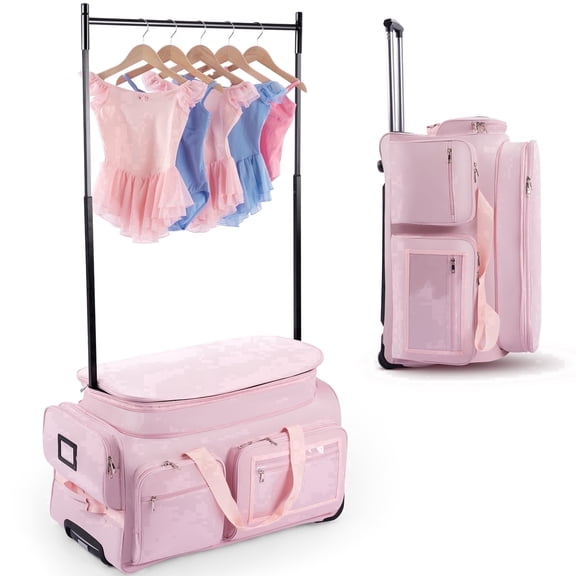 Dance Bag with Garment Rack,28" Pink Clothes Rolling Duffel Dance Bag with Rack Dance Costumes Garment Bags For Travel, Garment Duffle Bag For Dance Competition Travel Bag with Garment Rack