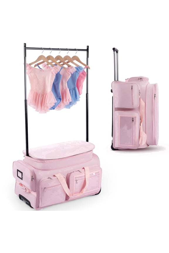 Dance Bag with Garment Rack,28" Pink Clothes Rolling Duffel Dance Bag with Rack Dance Costumes Garment Bags For Travel, Garment Duffle Bag For Dance Competition Travel Bag with Garment Rack