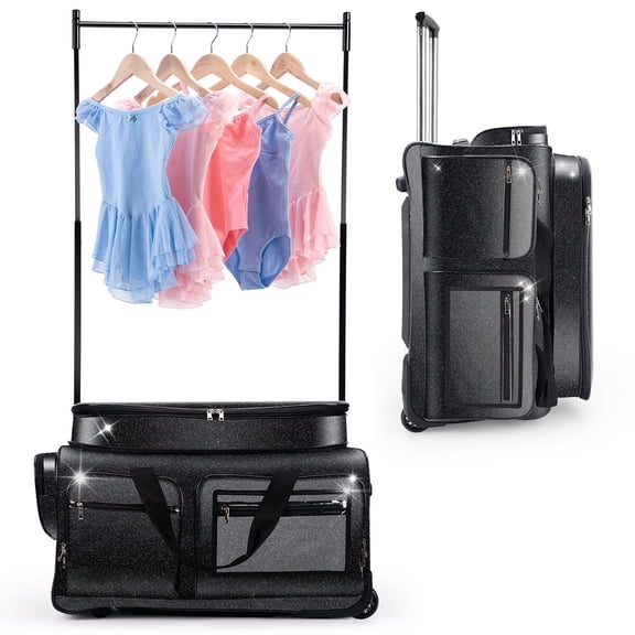 Dance Bag with Garment Rack, Glitter Black 28" Dance Competition Must Haves Competition Dance Bag with Rack, Costumes Rolling Garment Bags For Travel Collapsible Suitcase for Dancers Performers