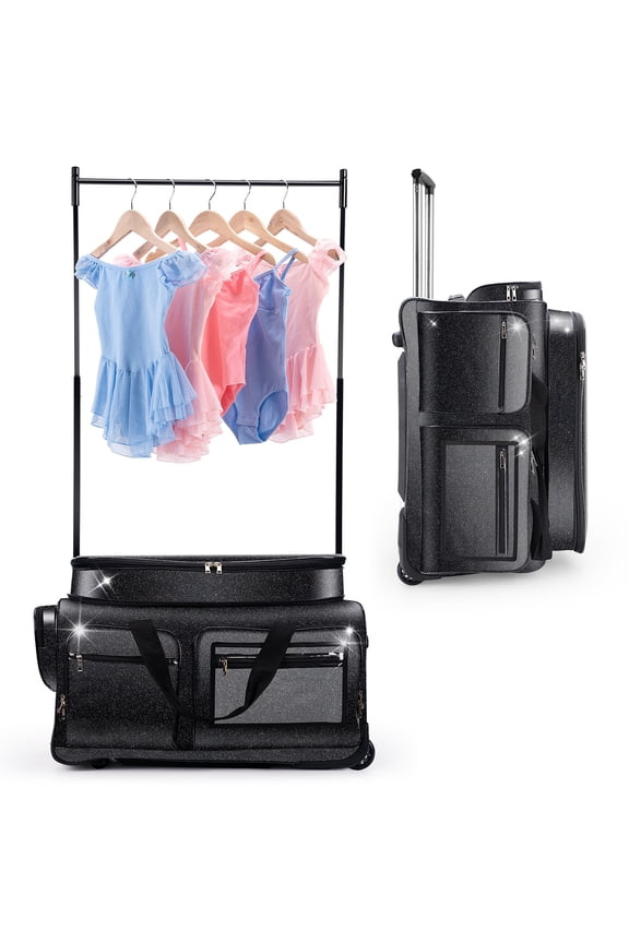 Dance Bag with Garment Rack, Glitter Black 28" Dance Competition Must Haves Competition Dance Bag with Rack, Costumes Rolling Garment Bags For Travel Collapsible Suitcase for Dancers Performers