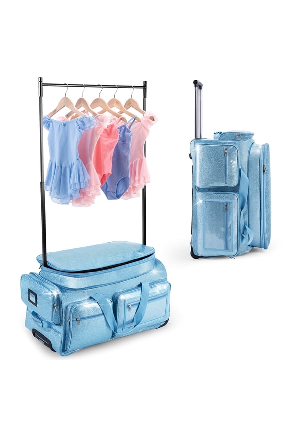 Dance Bag with Garment Rack, Glitter Blue 28" Dance Competition Must Haves Competition Dance Bag with Rack, Costumes Rolling Garment Bags For Travel Collapsible Suitcase for Dancers Performers