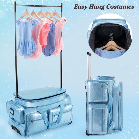 Dance Bag with Garment Rack, Glitter Blue 28" Dance Competition Must Haves Competition Dance Bag with Rack, Costumes Rolling Garment Bags For Travel Collapsible Suitcase for Dancers Performers