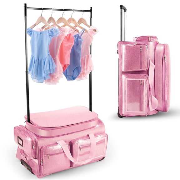 Dance Bag with Garment Rack, Pink 28" Glitter Dance Competition Must Haves Recital Dance Bag with Rack, Costumes Rolling Garment Bags For Travel Collapsible Suitcase for Dancers Performers
