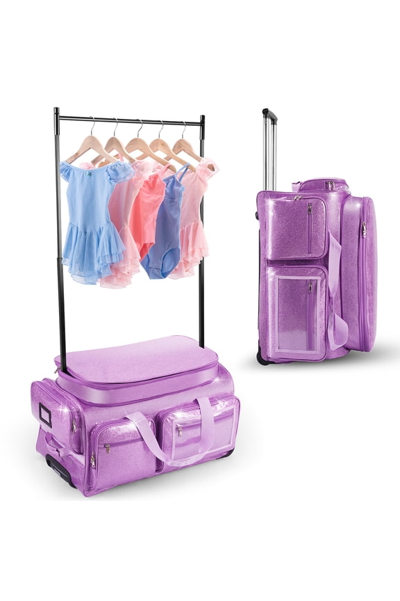 Dance Bag with Garment Rack, Purple Clothes Duffel Dance Bag with Rack 28"Glitter Dance Competition Must Haves Costumes Rolling Garment Bags For Travel Collapsible Suitcase for Dancer Performer