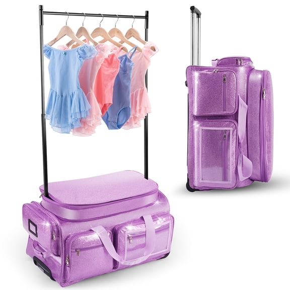Dance Bag with Garment Rack, Purple Clothes Duffel Dance Bag with Rack 28"Glitter Dance Competition Must Haves Costumes Rolling Garment Bags For Travel Collapsible Suitcase for Dancer Performer