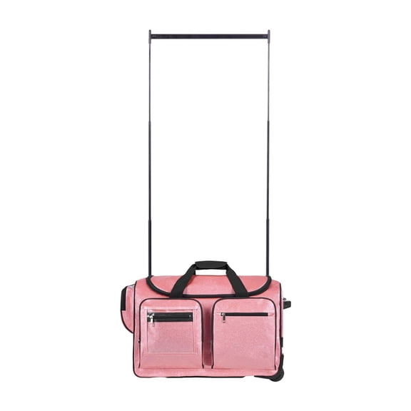 Dance Bag with Garment Rack 23 Inch, Rolling Dance Duffel, USB Port, Adjustable Height, Privacy Curtain, Travel Competition Bag, Sparkling Pink