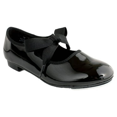Dance Class Girls Flexible Beginner Tap Shoe, Medium Round Closed Toe Black Patent, Size 10
